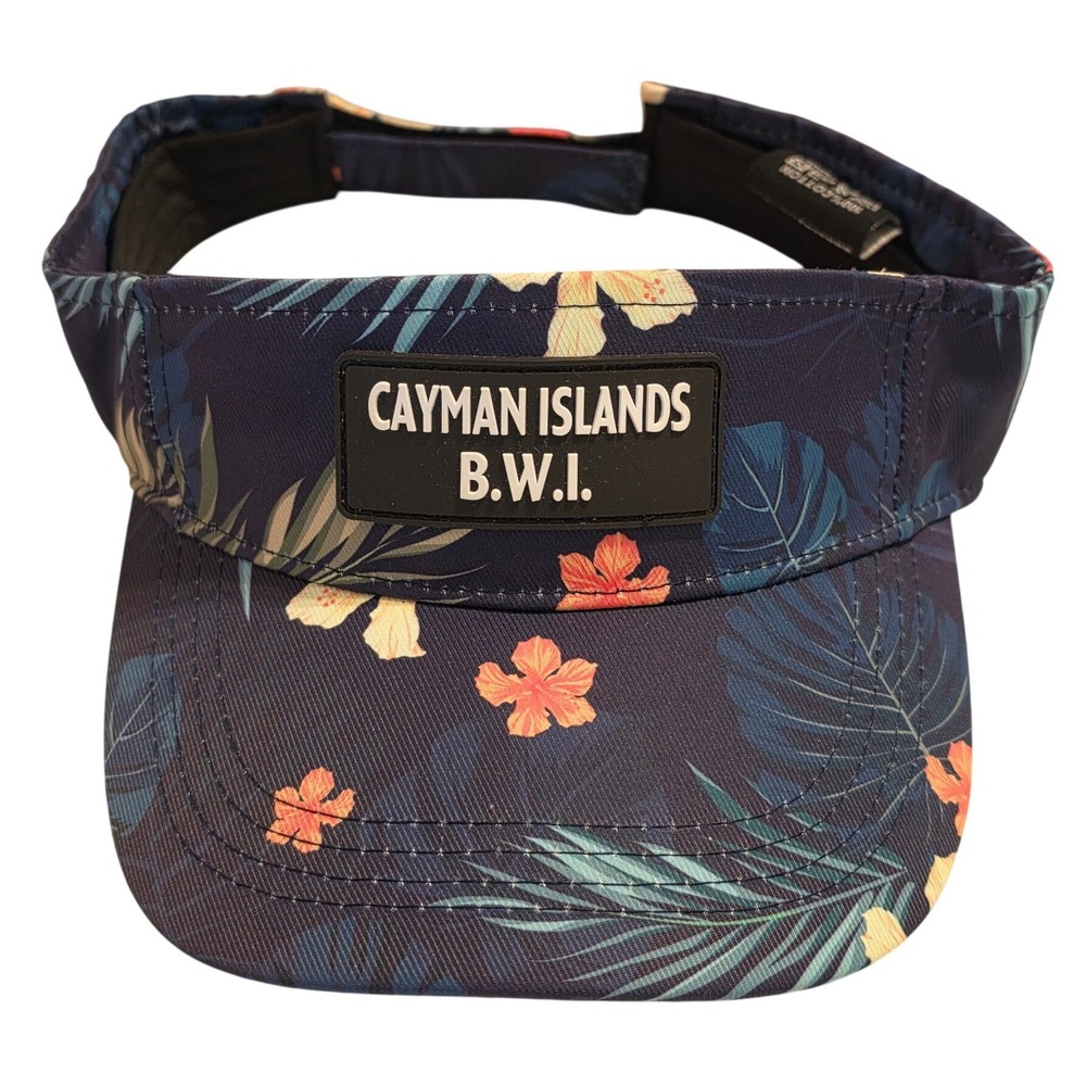 Cayman Islands B.W.I. Tropical Floral Navy Blue Cotton Adjustable Sun Visor Hat